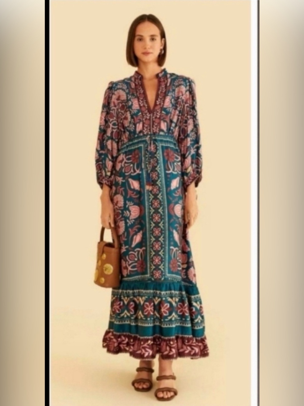 FARM Rio Teal and Pink Floral Long Sleeve Maxi Dress